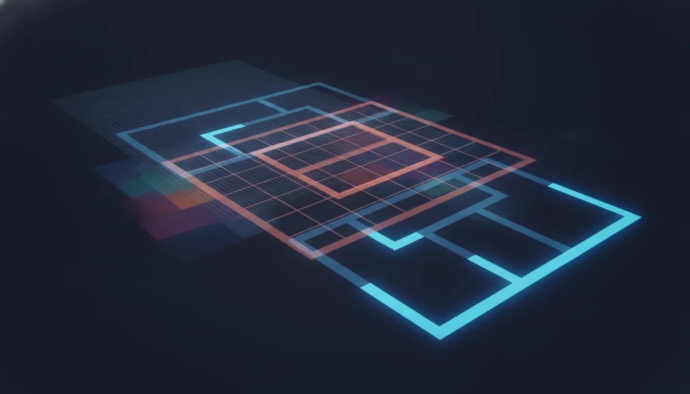 Abstract illustration of three overlapping grids of decreasing density, suggesting successive generations of video compression