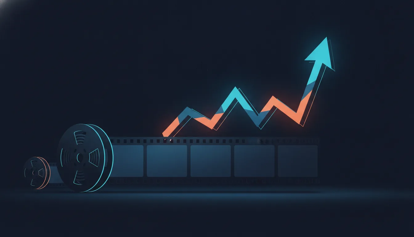 Abstract illustration of a film strip unfurling into a rising line chart, with a small star at the peak.