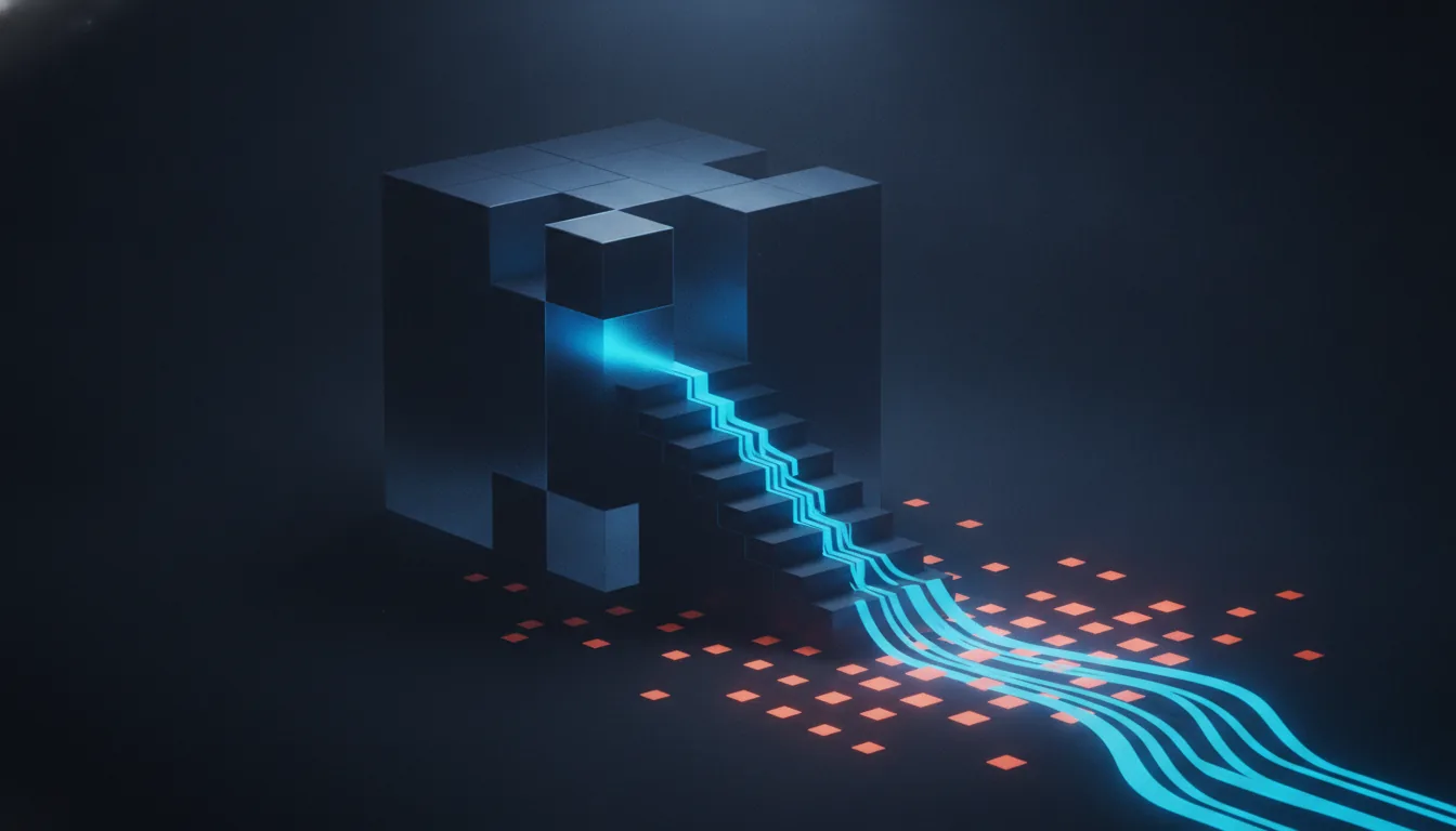 Abstract illustration of a large file breaking into a ladder of smaller streams flowing toward many small screens.