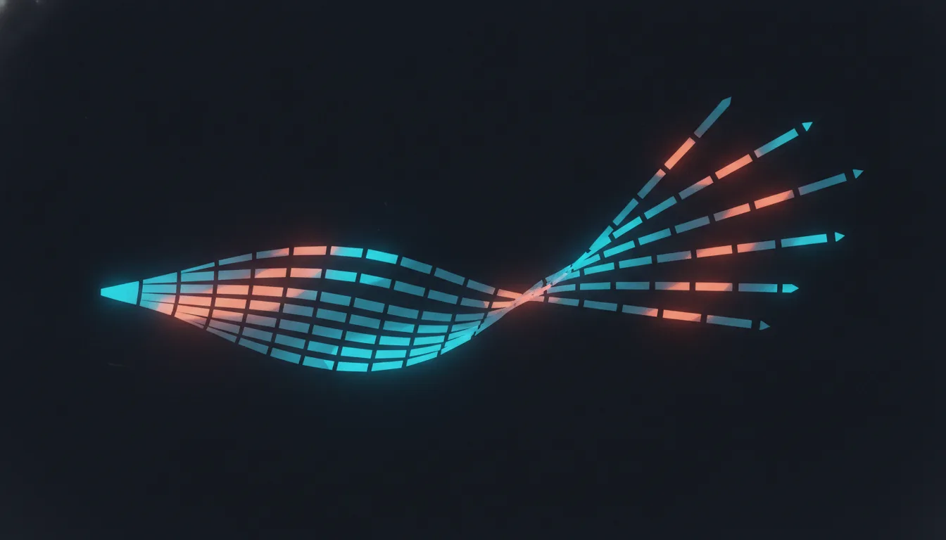 Abstract illustration of a ribbon of light broken into evenly spaced segments flowing from a central point toward many small receivers