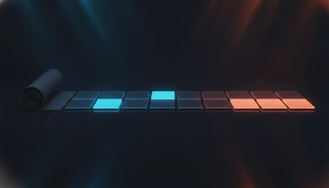 Abstract illustration of a scroll of text unrolling into a row of small identical film tiles