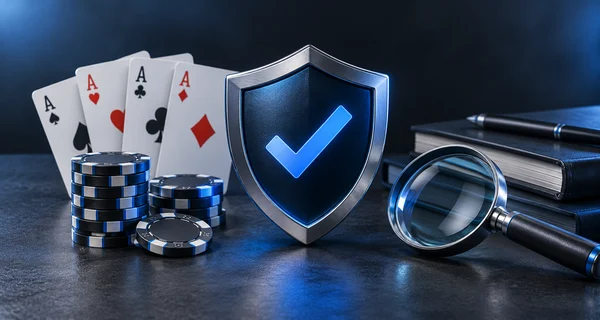 Casino review research with playing cards, chips, a verification shield and magnifying glass